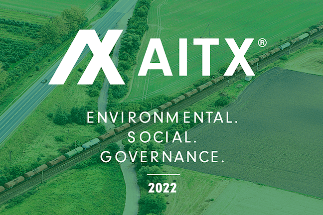 Aerial view of a train traveling through green fields alongside a road, featuring the text "AITX" and the words "Environmental. Social. Governance." with the year "2022" highlighted.