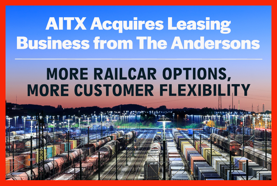AITX acquires leasing business from The Andersons, enhancing railcar options and customer flexibility, with a bustling rail yard filled with various railcars under evening lights.