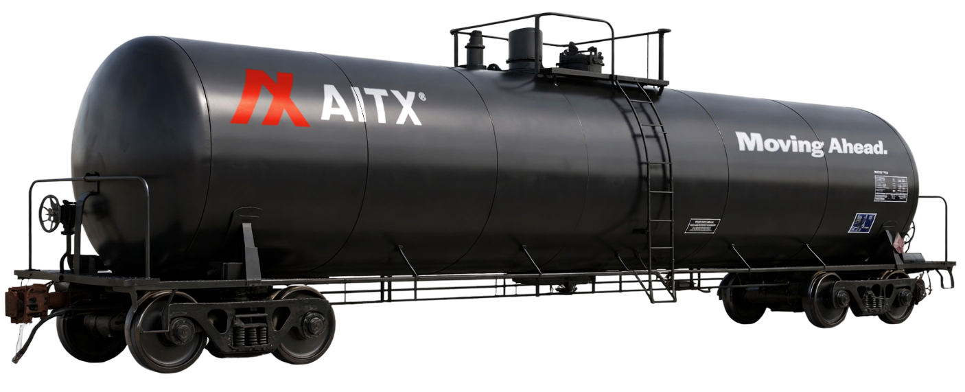 Black tank car with AITX branding and the slogan "Moving Ahead," showcasing industrial rail transport design.