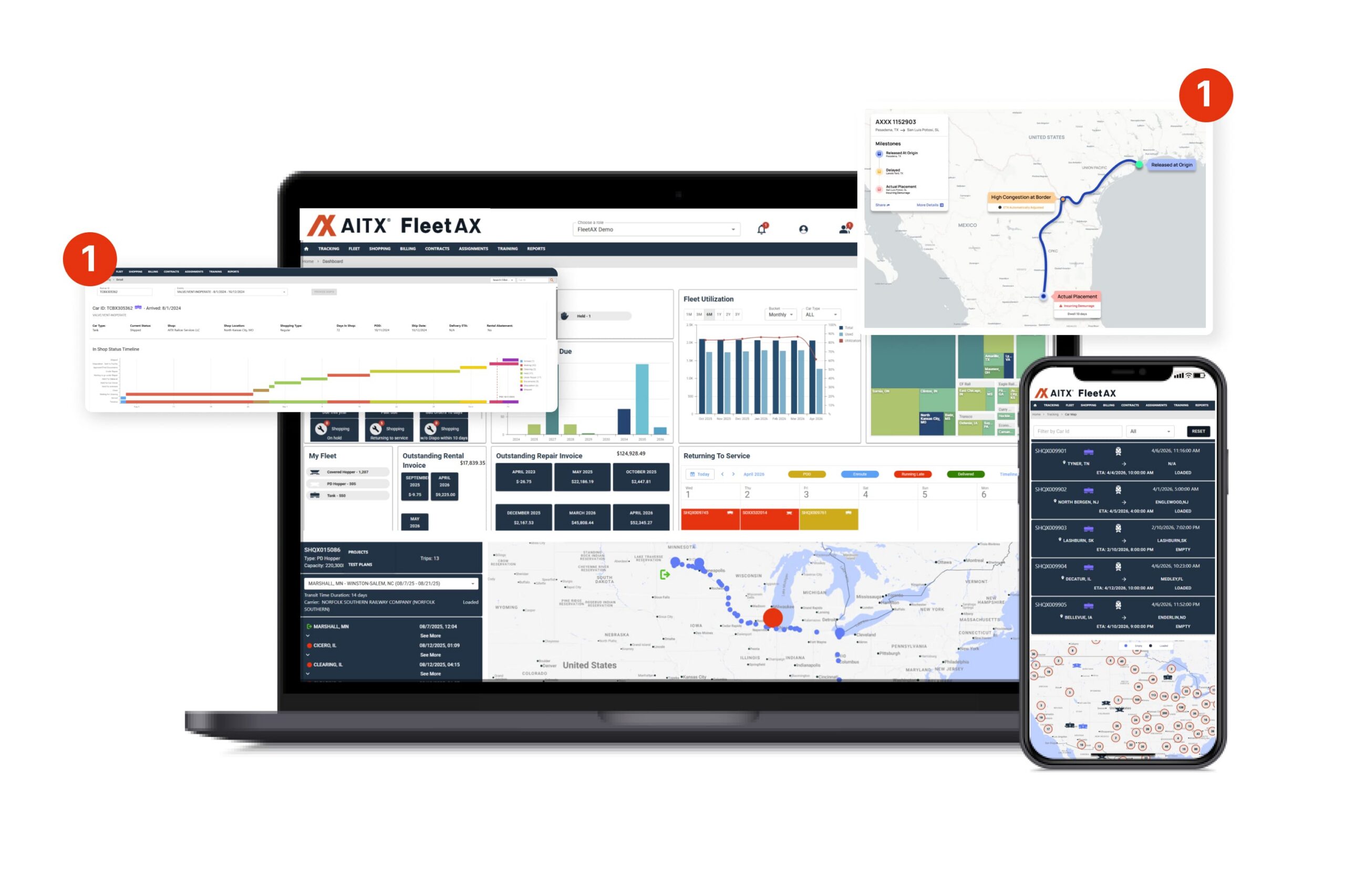 Dashboard interface of AITX FleetAX displayed on a laptop and smartphone, showcasing real-time fleet management features, including vehicle tracking, maintenance scheduling, and utilization analytics. Visual elements include graphs, maps, and data tables for enhanced operational insights.