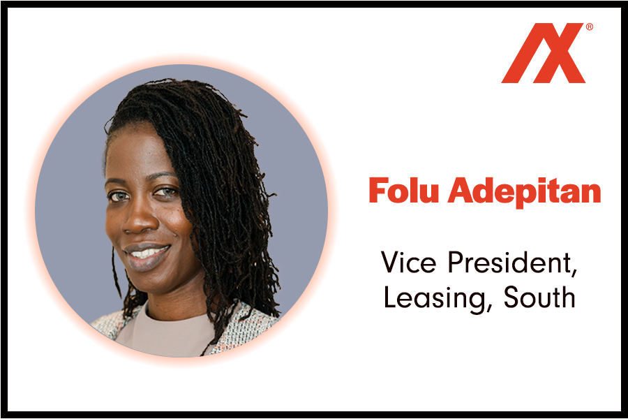 Image of Folu Adepitian, Vice President of Leasing for the South region, featuring a professional headshot with a neutral background and her name prominently displayed.