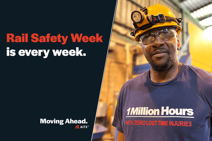 Image of a worker in a safety helmet and glasses, promoting Rail Safety Week with the message that safety is a priority every week. The shirt highlights achieving 1 million hours without lost time injuries, emphasizing commitment to safety in the rail industry.