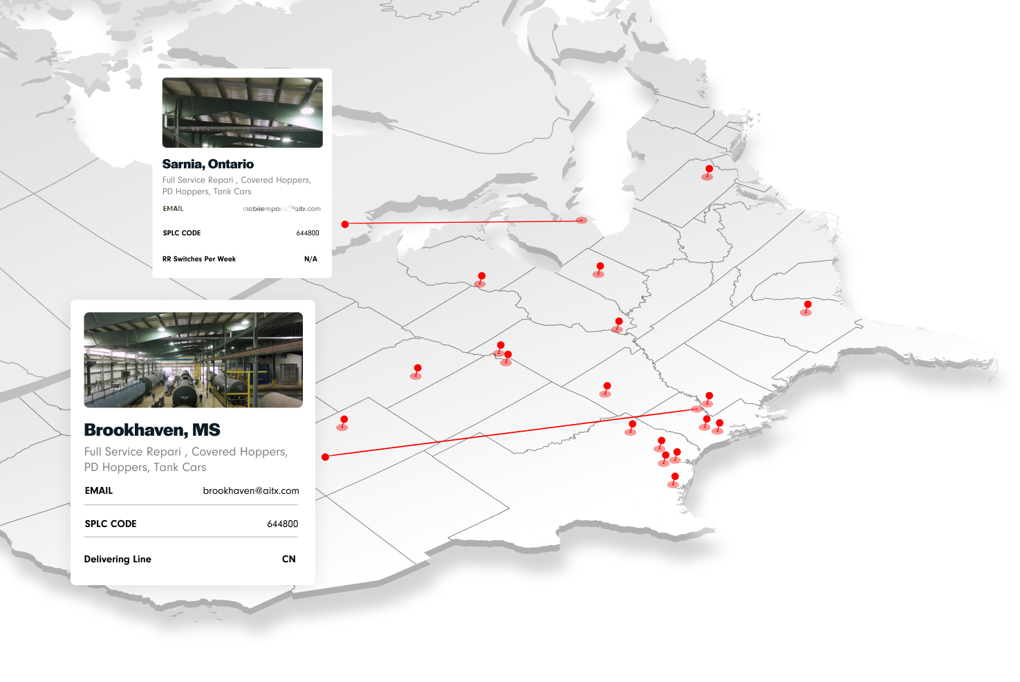 Map showing service locations in North America with highlighted areas for Sarnia, Ontario, and Brookhaven, Mississippi, including details on full-service repair for covered hoppers, PD hoppers, and tank cars.