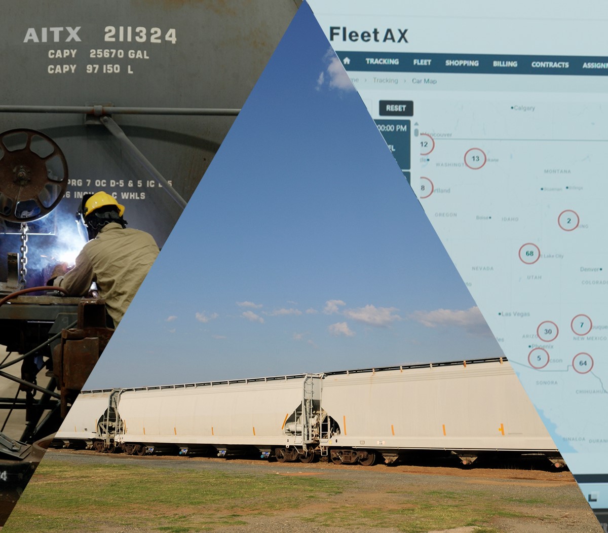 Image depicting three aspects of freight transportation: a worker welding a railcar, a line of freight cars on a track, and a digital interface showing fleet tracking and management tools.