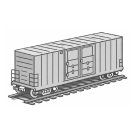 Illustration of a gray freight train car on railway tracks, featuring double doors and wheels.
