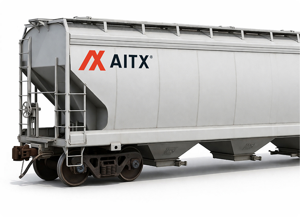 Freight train car featuring the AITX logo, designed for transporting bulk materials, showcasing industrial transportation solutions.