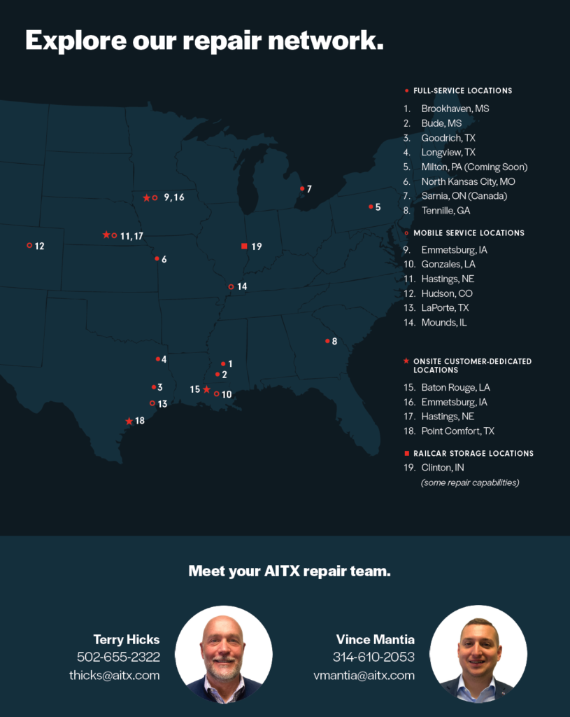 Map showcasing AITX repair network locations across the United States, highlighting full-service, mobile service, onsite customer-dedicated, and railcar storage locations. Contact information for AITX team members Terry Hicks and Vince Mantia is also included.