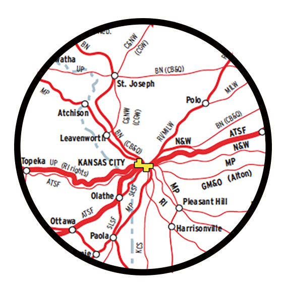 Map highlighting major railroads and cities around Kansas City, including St. Joseph, Topeka, and Olathe, with red lines indicating railway routes.