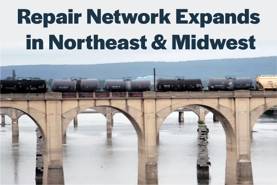 Image of a train crossing a bridge over water, illustrating the expansion of a repair network in the Northeast and Midwest regions.