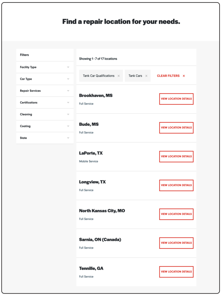 List of repair locations for tank car qualifications, including details on service types and locations across the U.S. and Canada.