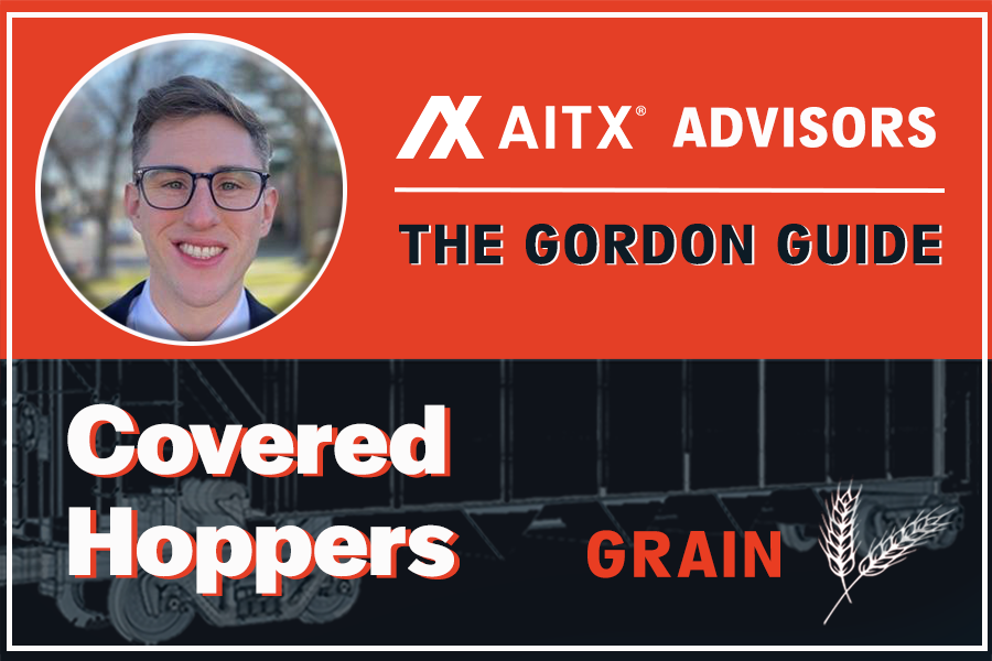 Image featuring a professional headshot of an advisor from AITX Advisors, titled "The Gordon Guide." The text highlights "Covered Hoppers" in relation to grain transportation, alongside imagery of grain hoppers.